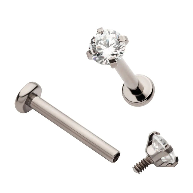Invictus Titanium Internally Threaded Labret with Prong Set CZ Top & 2.5mm Base