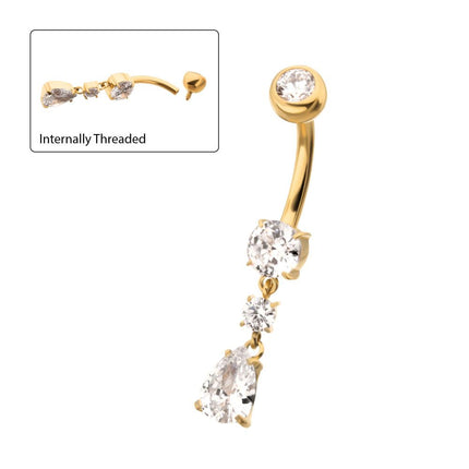 Invictus 24Kt Gold PVD Titanium Internally Threaded Double Round Prong Set Gem with Teardrop Dangle Navel