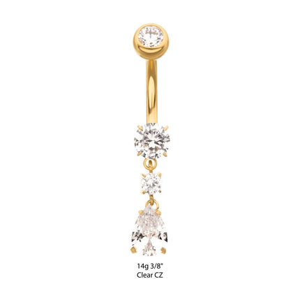Invictus 24Kt Gold PVD Titanium Internally Threaded Double Dangle Prong Set Round and Teardrop Gem Navel