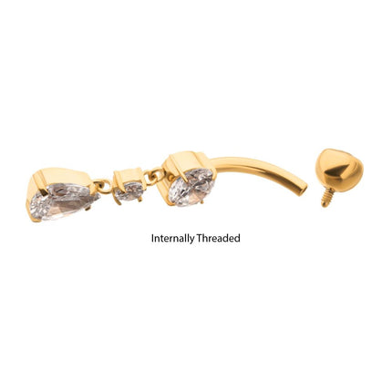Invictus 24Kt Gold PVD Titanium Internally Threaded Double Round Prong Set Gem with Teardrop Dangle Navel