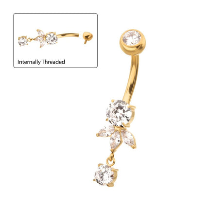 Invictus 24Kt Gold PVD Titanium Internally Threaded Triple Marquise Gem Fan with Floating Round Gem Dangle Navel