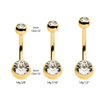 Invictus 24Kt Gold PVD Titanium Internally Threaded Double Bezel Set Swarovski Crystal Fixed Bottom Navel