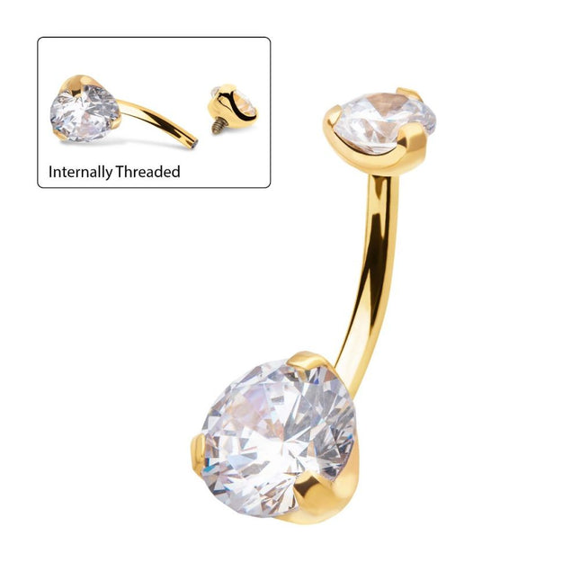 Invictus 24KT Gold PVD Titanium Internally Threaded Double Prong Set Clear CZ Fixed Bottom Navel