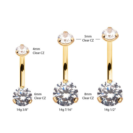 Invictus 24KT Gold PVD Titanium Internally Threaded Double Prong Set Clear CZ Fixed Bottom Navel