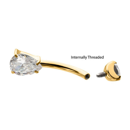 Invictus 24Kt Gold PVD Titanium Internally Threaded Double Teardrop with 4-Prong Bottom Gem Fixed Bottom Navel