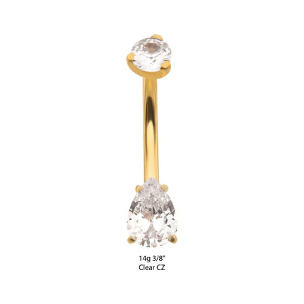 Invictus 24Kt Gold PVD Titanium Internally Threaded Double Gem with Prong Set Teardrop Fixed Bottom Navel