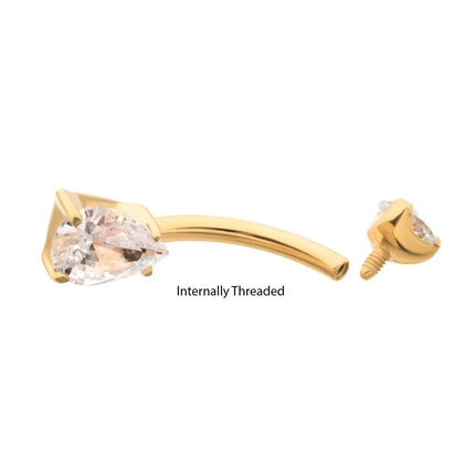 Invictus 24Kt Gold PVD Titanium Internally Threaded Double Gem with Prong Set Teardrop Fixed Bottom Navel