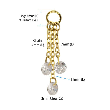 Invictus 24Kt Gold PVD Titanium Floating CZ Triple Round Gem Chain Dangle