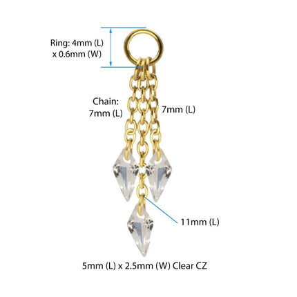 Invictus 24Kt Gold PVD Titanium Floating CZ Triple Kite Shape Gem Chain Dangle