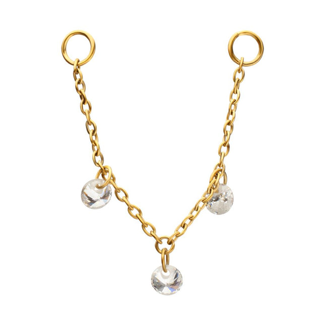 Invictus 24Kt Gold PVD Titanium Triple Round Floating CZ Gem Rolo Chain Dangle