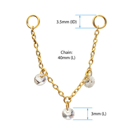 Invictus 24Kt Gold PVD Titanium Triple Round Floating CZ Gem Rolo Chain Dangle