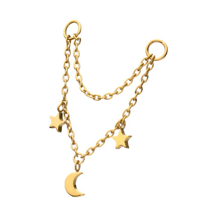 Invictus 24Kt Gold PVD Titanium Double Star & Crescent Moon 2-Tier Rolo Chain Dangle