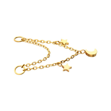 Invictus 24Kt Gold PVD Titanium Double Star & Crescent Moon 2-Tier Rolo Chain Dangle