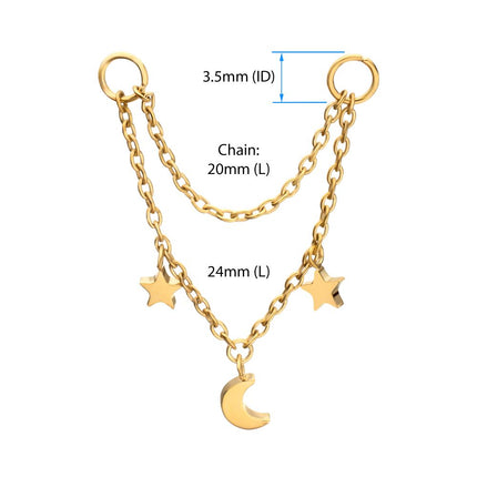 Invictus 24Kt Gold PVD Titanium Double Star & Crescent Moon 2-Tier Rolo Chain Dangle