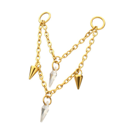 Invictus 24Kt Gold PVD Titanium Double Spike & Kite Gem 2-Tier Chain Dangle