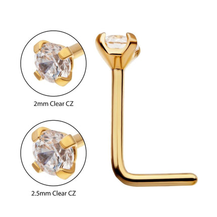 Invictus 24KT Gold PVD Titanium with 4-Prong Set CZ L-Shape Nose Pin