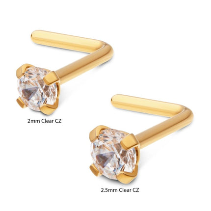 Invictus 24KT Gold PVD Titanium with 4-Prong Set CZ L-Shape Nose Pin