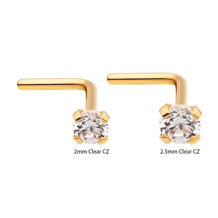 Invictus 24KT Gold PVD Titanium with 4-Prong Set CZ L-Shape Nose Pin