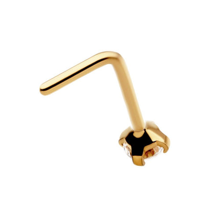 Invictus 24KT Gold PVD Titanium with 4-Prong Set CZ L-Shape Nose Pin