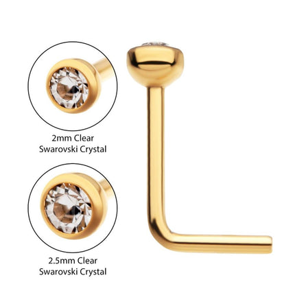 Invictus 24KT Gold PVD Titanium with Bezel Set Swarovski Crystal L-Shape Nose Pin