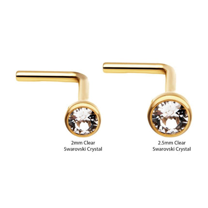 Invictus 24KT Gold PVD Titanium with Bezel Set Swarovski Crystal L-Shape Nose Pin