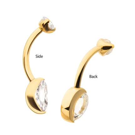 Invictus 24Kt Gold PVD Titanium Internally Threaded Double Gem with Prong Set Oval Fixed Bottom Navel