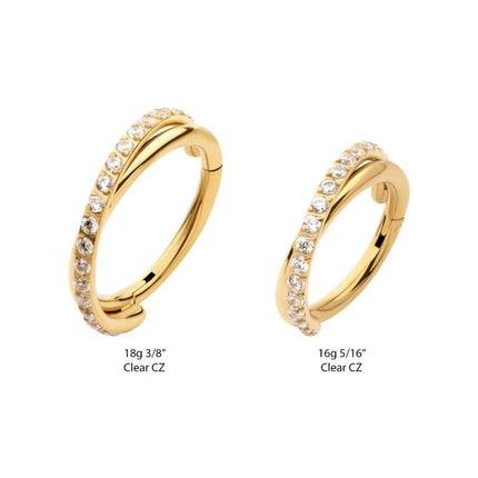 Invictus 24Kt Gold PVD Titanium Double Hoop Side Facing Hinged Segment Clicker with CNC Set Round CZ