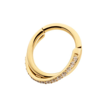 Invictus 24Kt Gold PVD Titanium Double Hoop Side Facing Hinged Segment Clicker with CNC Set Round CZ