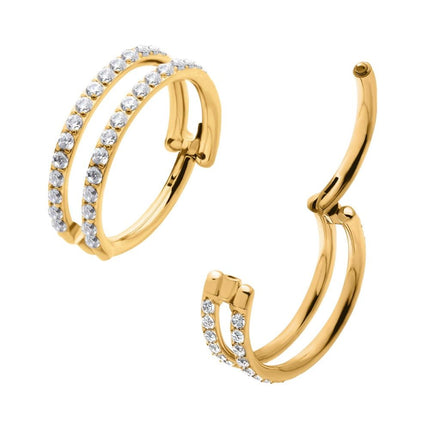 Invictus 24Kt Gold PVD Titanium Double Row Full Clear CZ Side Facing Hinged Segment Clicker