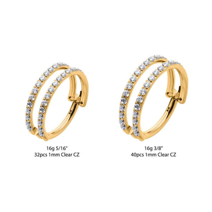 Invictus 24Kt Gold PVD Titanium Double Row Full Clear CZ Side Facing Hinged Segment Clicker