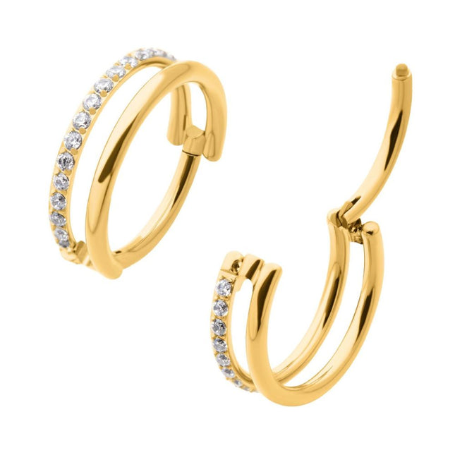 Invictus 24Kt Gold PVD Titanium Side Facing Hinged Segment Clicker with Single Hoop Full Clear CNC Set Round CZ