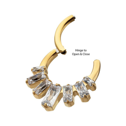 Invictus 24Kt Gold PVD Titanium 7-Baguette Prong Set Gem Fan Front Facing Hinged Segment Clicker