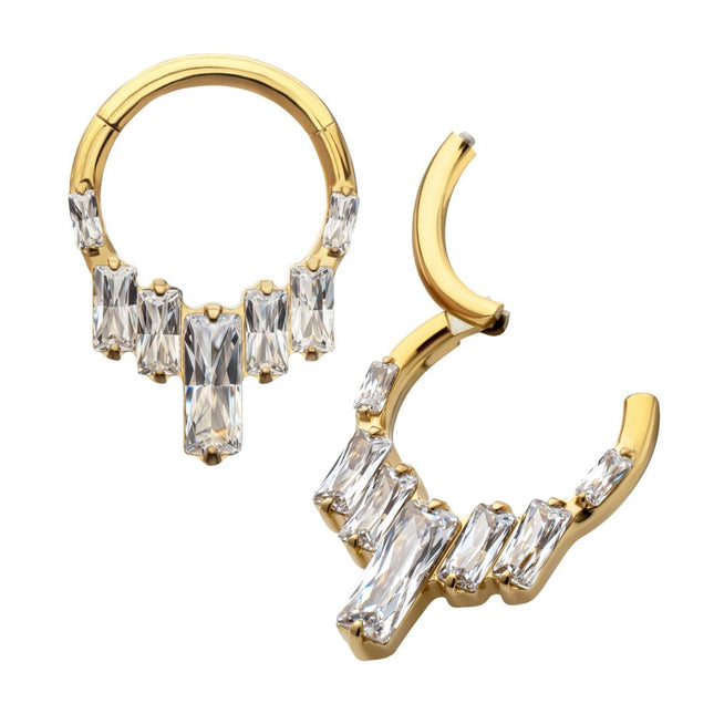 Invictus 24Kt Gold PVD Titanium 7-Baguette Prong Set Gem Cluster Front Facing Hinged Segment Clicker
