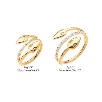 Invictus 24Kt Gold PVD Titanium Double Ended Twist Side Facing Hinged Segment Clicker with Clear CZ Snake Heads