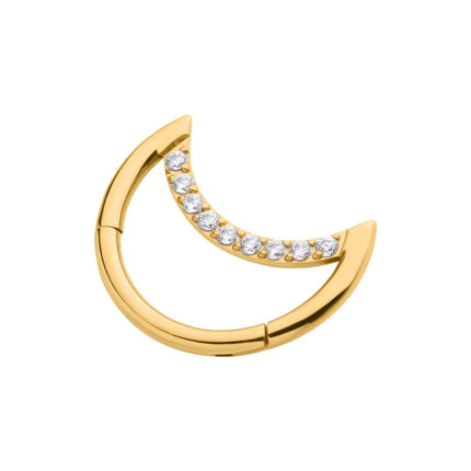 Invictus 24Kt Gold PVD Titanium Crescent Moon with CZ Front Facing Hinged Segment Clicker