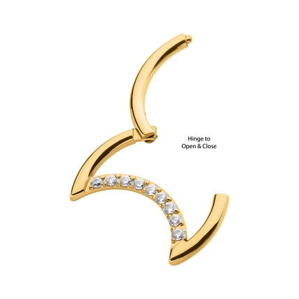 Invictus 24Kt Gold PVD Titanium Crescent Moon with CZ Front Facing Hinged Segment Clicker