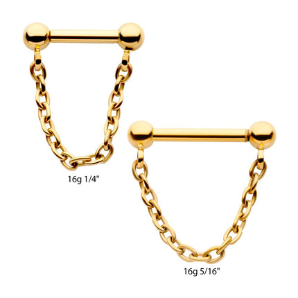 Invictus 24Kt Gold PVD Titanium Dangle Chain on a One Side Threadless, One Side Fixed Bar with Ball ends