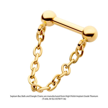 Invictus 24Kt Gold PVD Titanium Dangle Chain on a One Side Threadless, One Side Fixed Bar with Ball ends