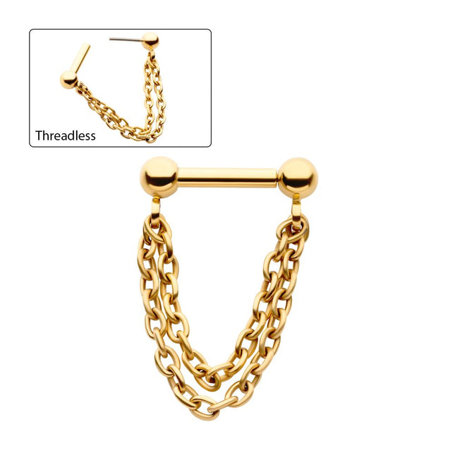 Invictus 24Kt Gold PVD Titanium 2 Tier Chains on a One Side Threadless, One Side Fixed Bar with Ball ends
