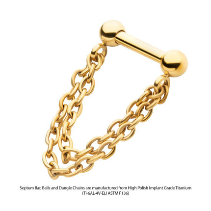 Invictus 24Kt Gold PVD Titanium 2 Tier Chains on a One Side Threadless, One Side Fixed Bar with Ball ends