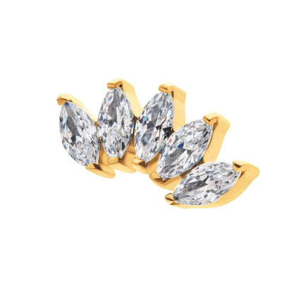 Invictus 24Kt Gold PVD Titanium Internally Threaded with Prong Set Marquise CZ 5-Cluster Top