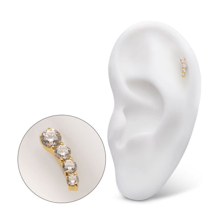 Invictus 24Kt Gold PVD Titanium Internally Threaded 4-Cluster Staggered Prong Set CZ Gem Top (Right Ear)