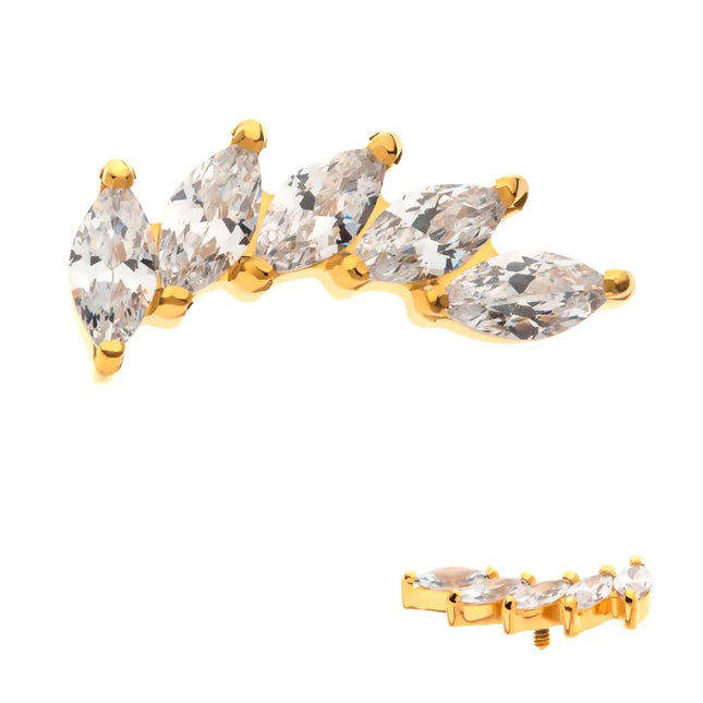 Invictus 24Kt Gold PVD Titanium Internally Threaded with Prong Set Marquise 5 Gem Curved Fan Top