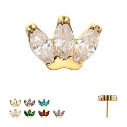 Invictus 24Kt Gold PVD Titanium Threadless Prong Set 3-Marquise Gem Fan Cluster Top