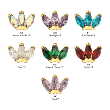 Invictus 24Kt Gold PVD Titanium Threadless Prong Set 3-Marquise Gem Fan Cluster Top
