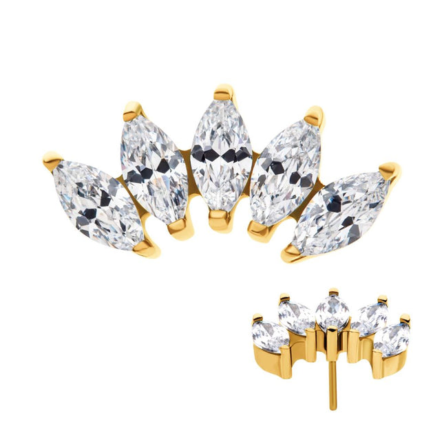 Invictus 24Kt Gold PVD Titanium Threadless with Prong Set Marquise CZ 5-Cluster Top