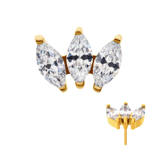 Invictus 24Kt Gold PVD Titanium Threadless with Prong Set Marquise CZ 3-Cluster Top