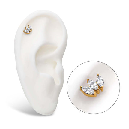 Invictus 24Kt Gold PVD Titanium Threadless with Prong Set Marquise CZ 3-Cluster Top