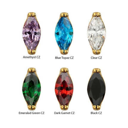 Invictus 24KT Gold PVD Titanium Threadless Double V-Prong 4mm Marquise CZ Gem Top