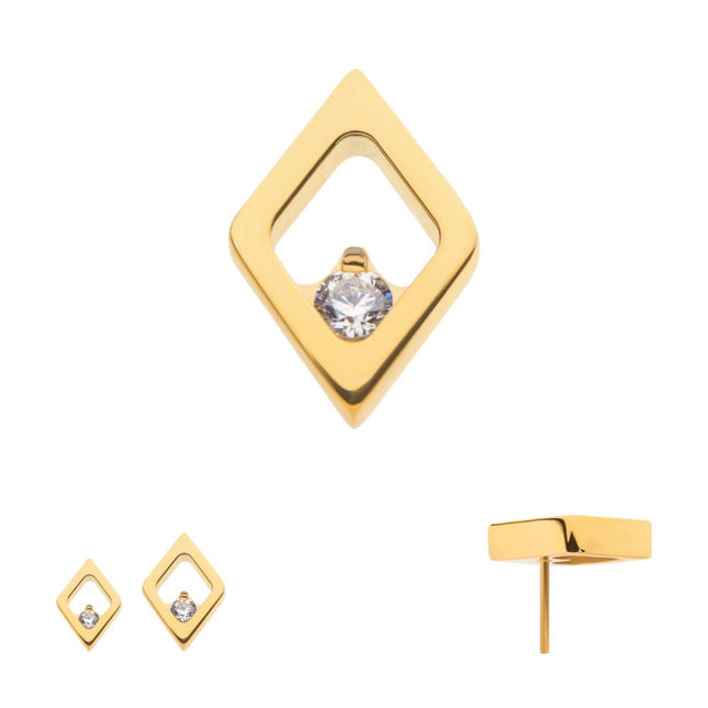 Invictus 24Kt Gold PVD Titanium Threadless Rhombus Shape with Clear CZ Top